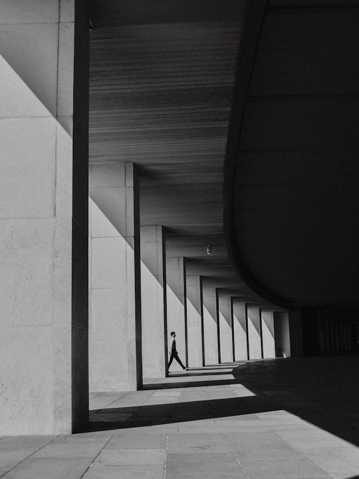 A solitary figure walks through geometric columns in a striking black and white scene.